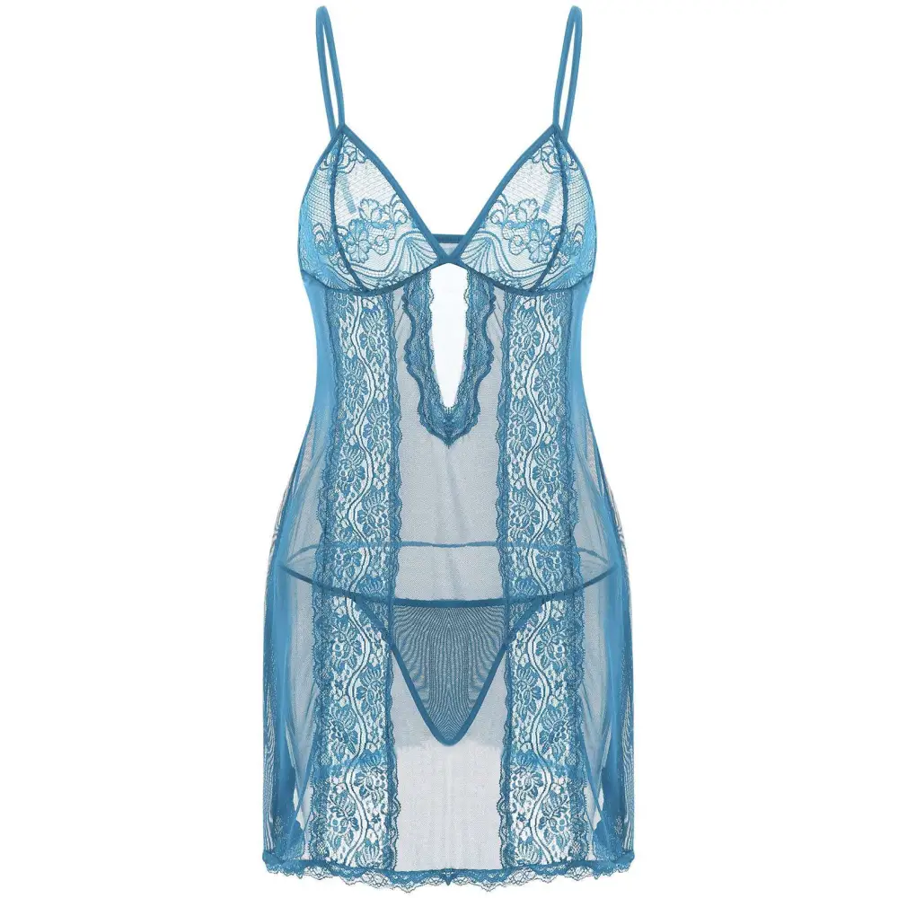A delicate blue lace sling long plus size nightdress with thin spaghetti straps and intricate floral side patterns