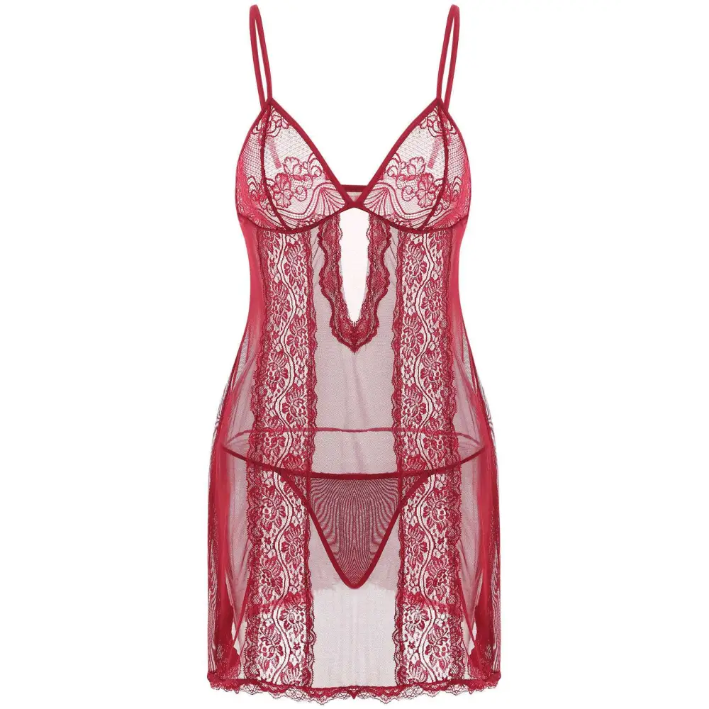Red lace sling long skirt plus size nightdress with delicate floral patterns and thin spaghetti straps