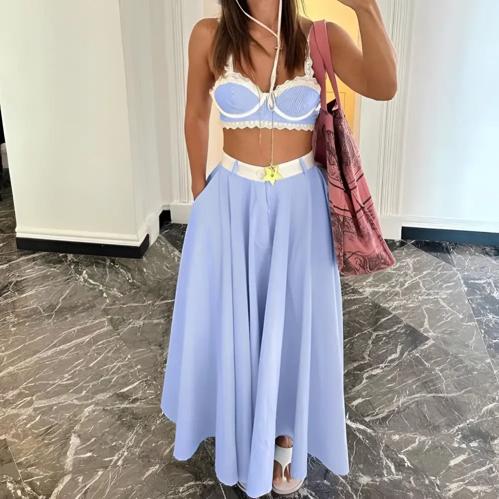 Light blue and white striped big swing skirt with high waistband part of lace splicing sling vest set