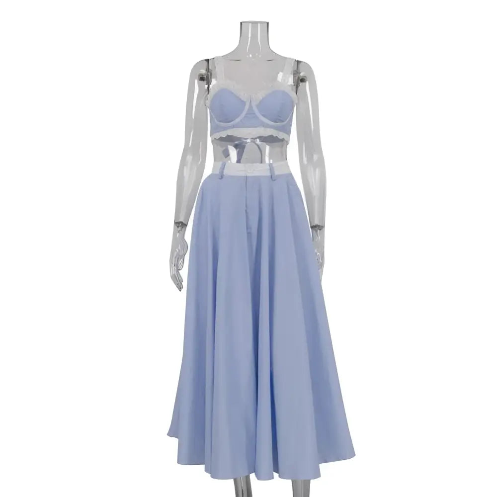 Light blue and white striped lace splicing sling vest with lace trim paired with big swing skirt set