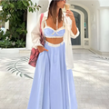 Light blue corduroy big swing skirt set with white belt and lace splicing sling vest matching cropped top