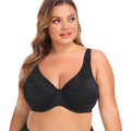 Black lace steel ring plus size bra with gold trim and smooth underwire cups for supportive comfort