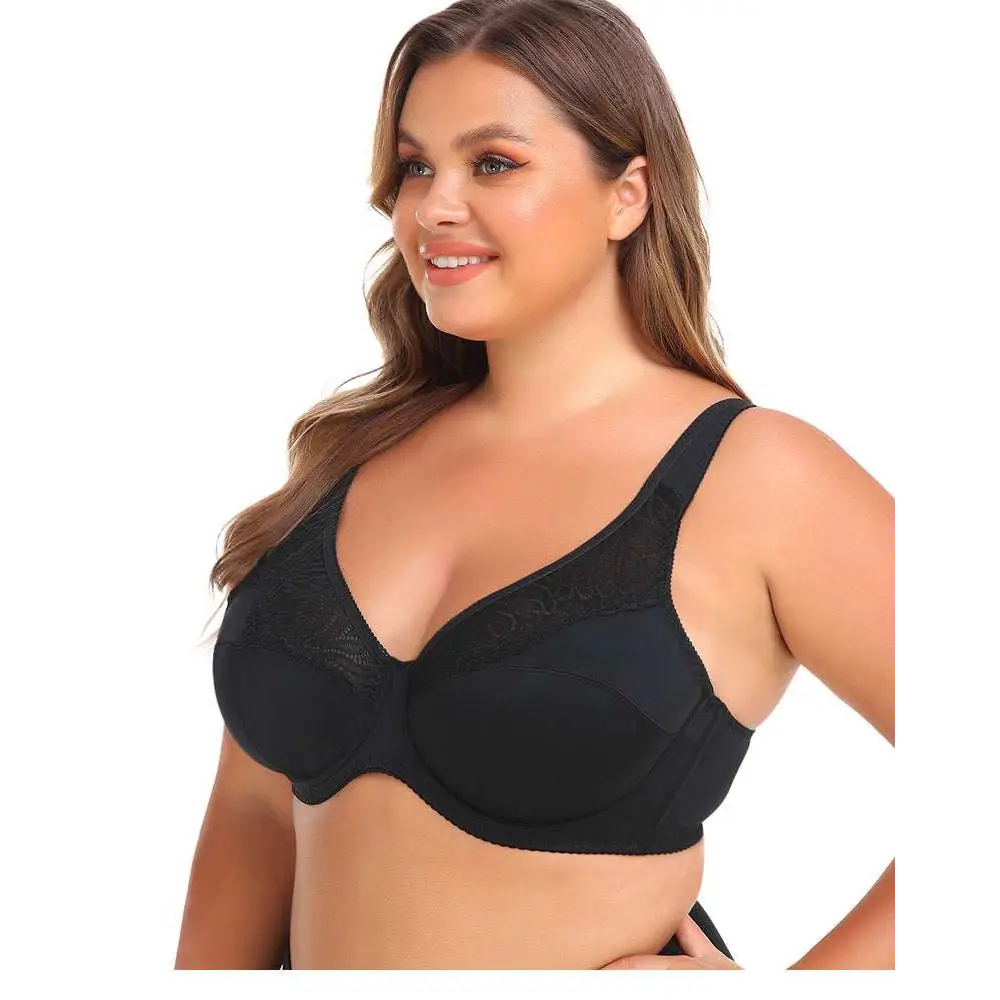 Black lace steel ring plus size gold trim bra with smooth supportive design for comfortable wear