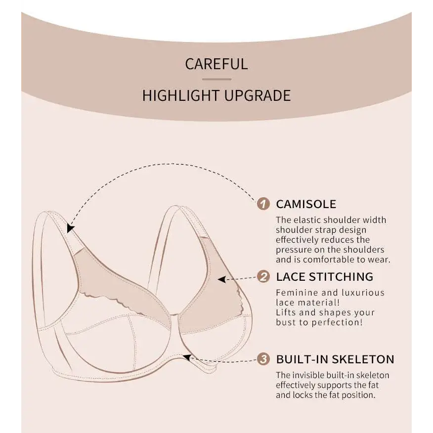 Feminine lace steel ring plus size bra with gold trim elastic straps and built-in skeleton support in ivory color