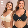 Black and cream lace steel ring plus size bra with gold trim detailing and elegant lace material