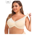 Beige lace steel ring plus size bra with delicate white lace trim and gold trim bra details along neckline and straps