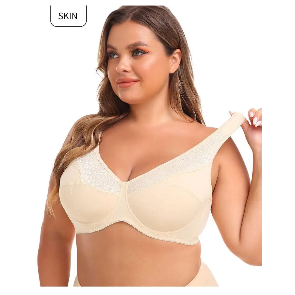 Beige lace steel ring plus size bra with delicate white lace trim and gold trim bra details along neckline and straps