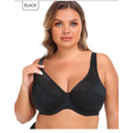 Black lace steel ring plus size bra with gold trim and smooth supportive underwire cups for comfort and style