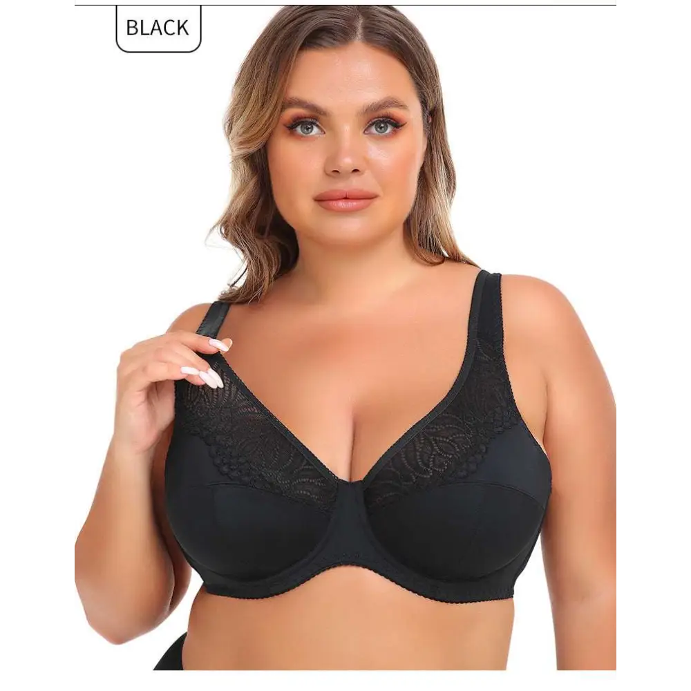 Black lace steel ring plus size bra with gold trim and smooth supportive underwire cups for comfort and style