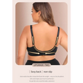 Black lace steel ring plus size bra with gold trim and adjustable gold-toned straps for sleek support