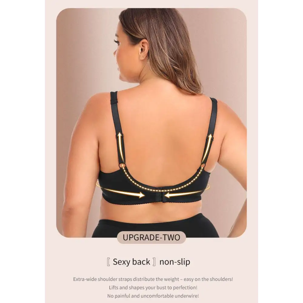 Black lace steel ring plus size bra with gold trim and adjustable gold-toned straps for sleek support