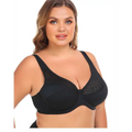 Black lace steel ring plus size bra with gold trim featuring underwire and smooth supportive cups