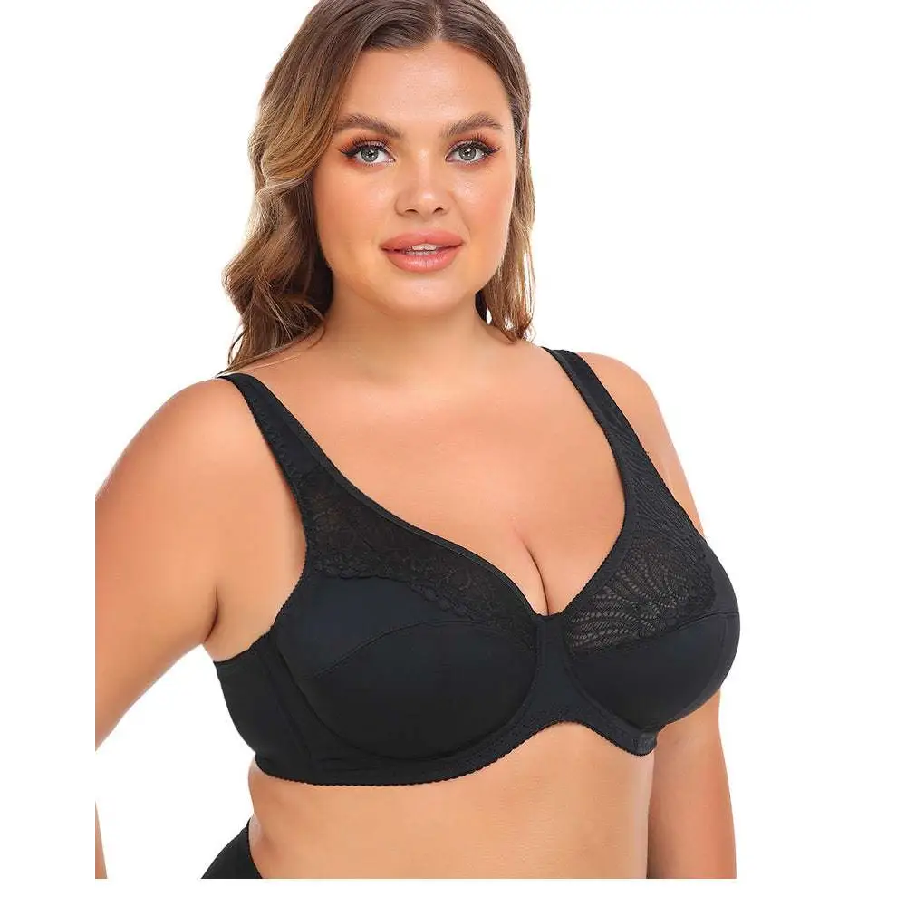 Black lace steel ring plus size bra with gold trim featuring underwire and smooth supportive cups