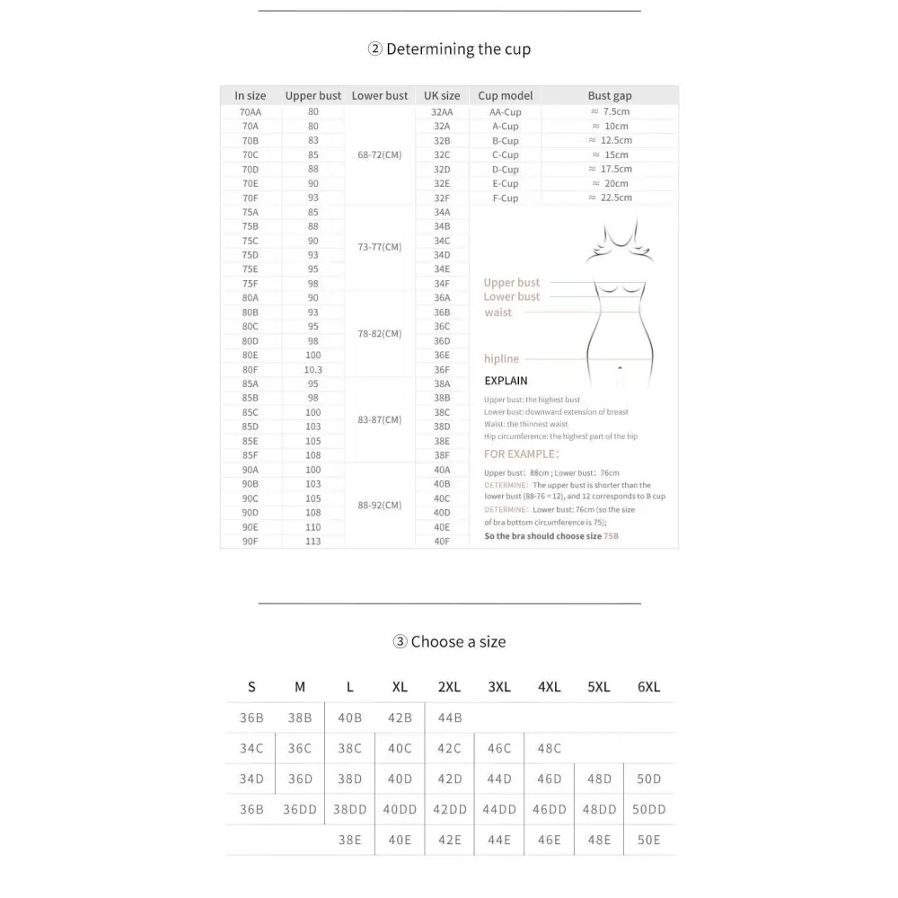 Detailed bra sizing chart for lace steel ring gold trim bra showing upper bust waist cup sizes and uk ranges for ring plus size