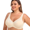 Beige lace steel ring plus size bra with gold trim, soft supportive cups, and adjustable straps for comfort