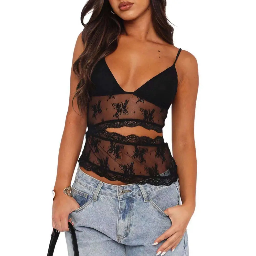 Black lace stitched backless crop top with floral embroidery and thin sling v neck straps for stylish wear