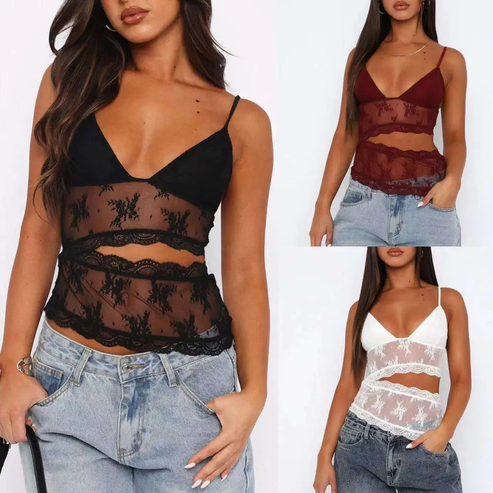Black lace stitched backless small sling v neck tank top with sheer mesh panels and delicate floral embroidery