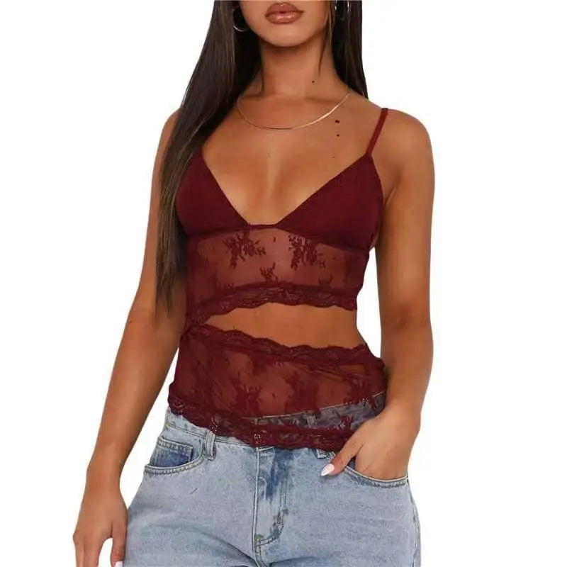 A maroon lace stitched backless crop top with thin straps and floral embroidery in a sling v neck design
