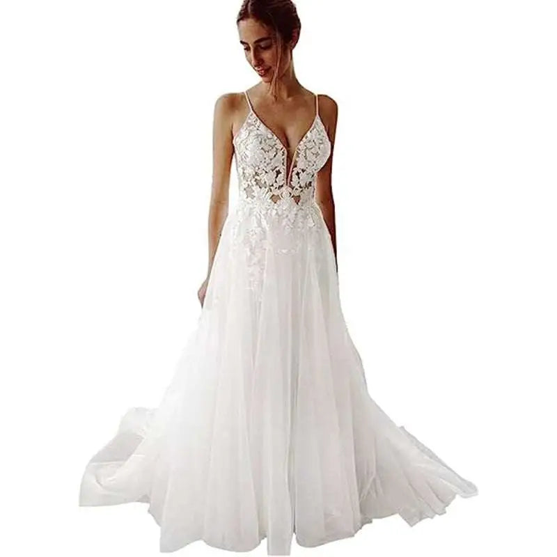 White lace strap backless wedding dress with deep v neck floral embroidery and flowing white wedding tulle skirt