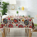 Beige sunflower cotton linen table cloth with vibrant floral patterns and delicate lace trim for elegant dining