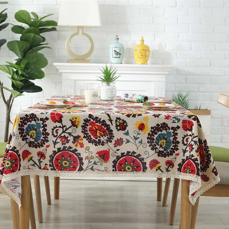 Beige sunflower cotton linen table cloth with vibrant floral patterns and delicate lace trim for elegant dining