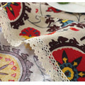 Beige lace trim sunflower cotton linen table cloth with vibrant red yellow and brown floral linen pattern