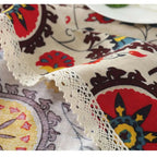 Beige lace trim sunflower cotton linen table cloth with vibrant red yellow and brown floral linen pattern