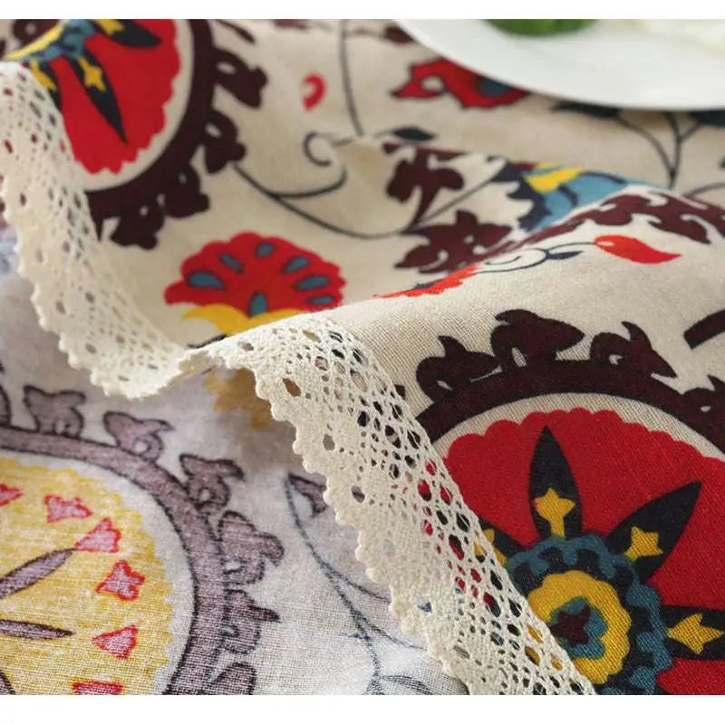 Beige lace trim sunflower cotton linen table cloth with vibrant red yellow and brown floral linen pattern