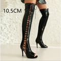 Black patent leather over the knee boots with lace-up detailing and peep-toe design for stylish wear