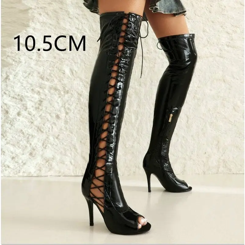 Black patent leather over the knee boots with lace-up detailing and peep-toe design for stylish wear