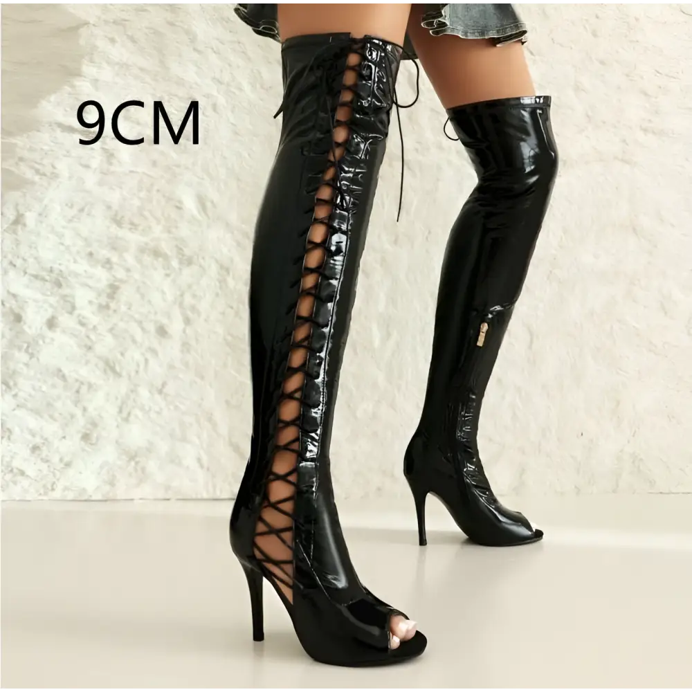 Black patent leather lace up peep toe female over the knee boots with side laces and glossy finish