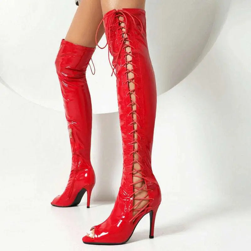 Black patent leather over the knee boots with lace up sides and peep toe design for stylish wear