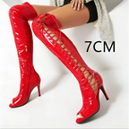 Lace up peep toe red patent leather over the knee boots with shiny finish and high heel design