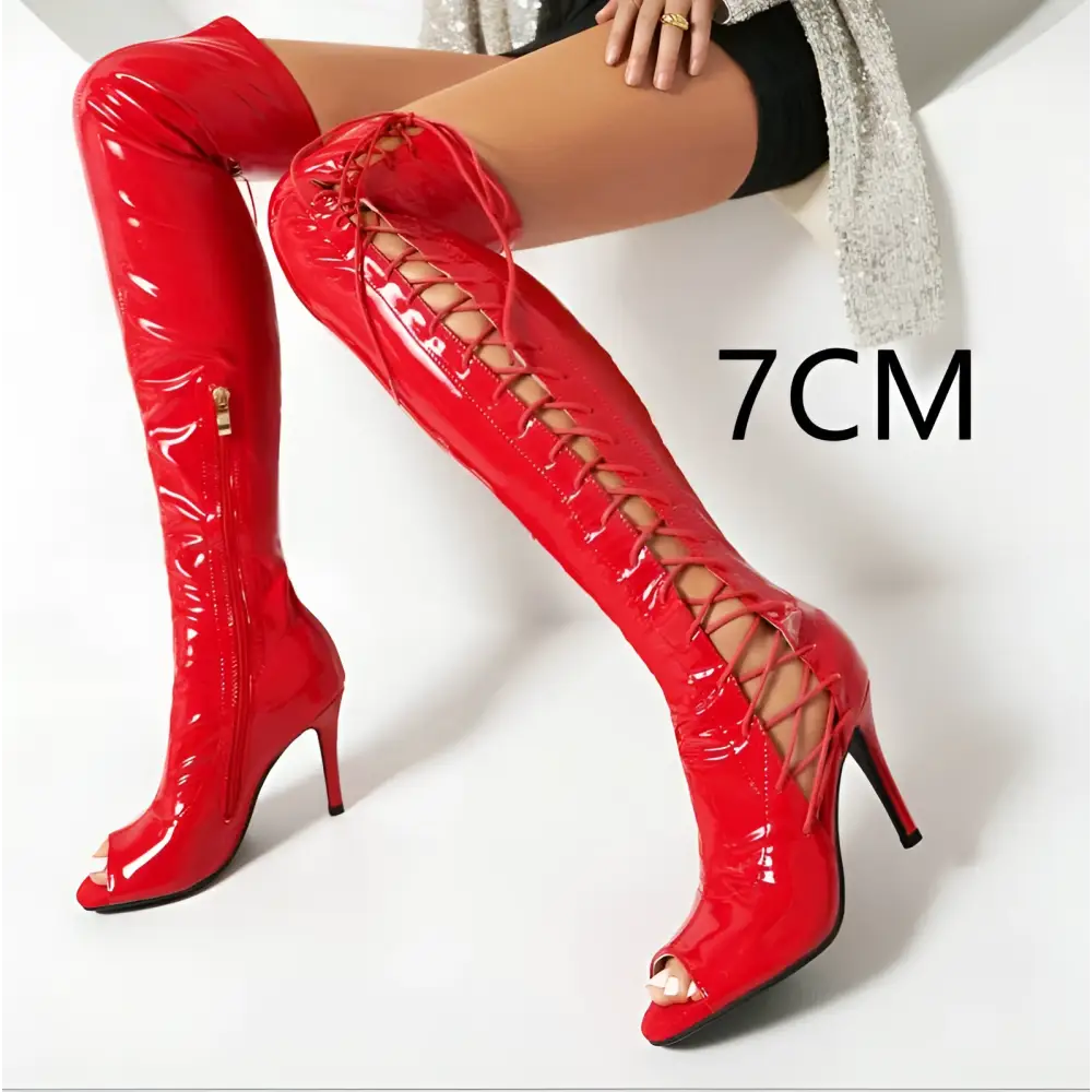Lace up peep toe red patent leather over the knee boots with shiny finish and high heel design