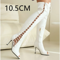 White patent leather over the knee boots with lace up detailing and peep toe design similar to black patent leather knee boots