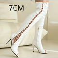 White patent leather over the knee boots with lace-up detailing and peep toe design, ideal for knee boots collection