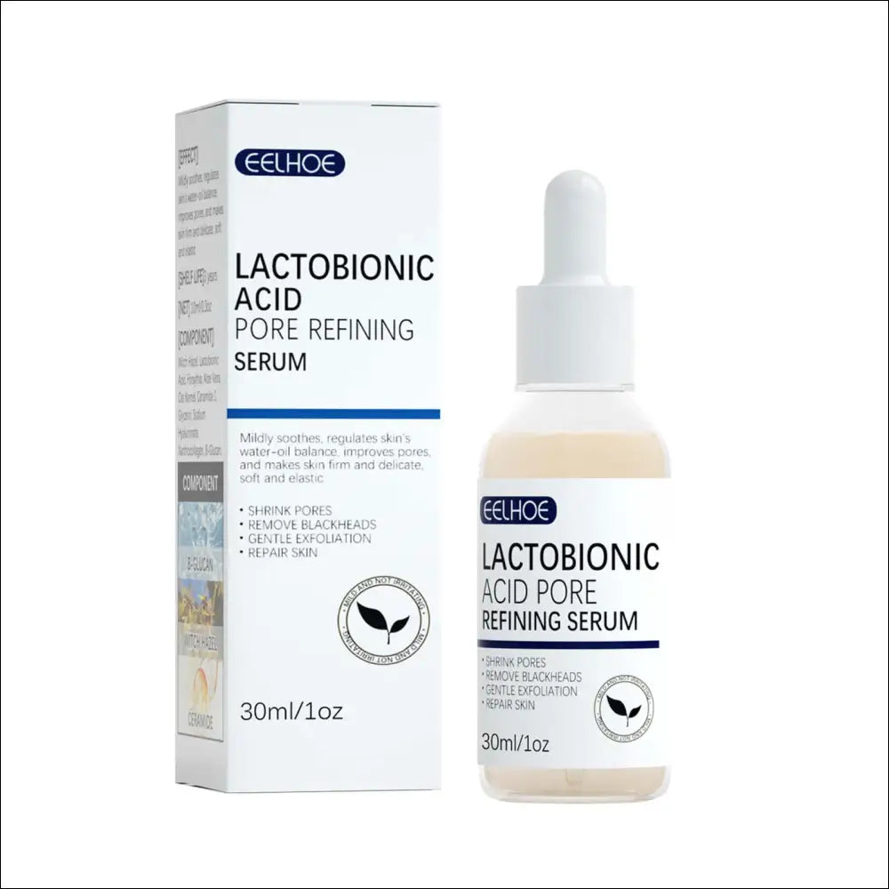 Eelhoe lactobionic acid pore refining serum in a clear glass bottle with white dropper cap containing beige liquid