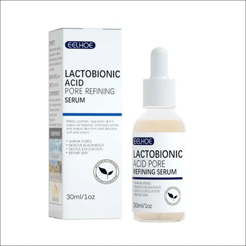Eelhoe lactobionic acid pore refining serum in a clear glass bottle with white dropper and beige liquid