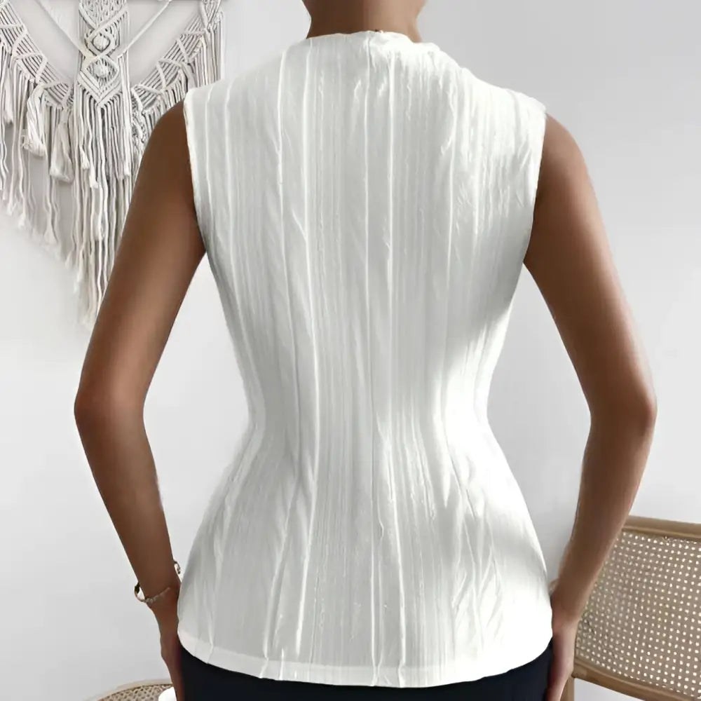 Ladies fashionable versatile white pleated vest top with textured sleeveless design and high neckline