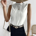 Ladies fashionable versatile white pleated vest top with high neckline and sleeveless design in lightweight fabric