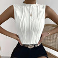 Ladies fashionable versatile white pleated vest top featuring a sleeveless design and high neckline for elegant wear