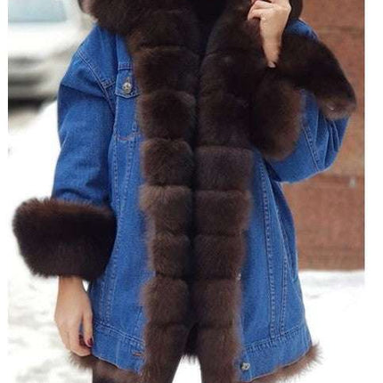 Ladies Fur One Denim Long Long Sleeve Coat - Royalessencelux