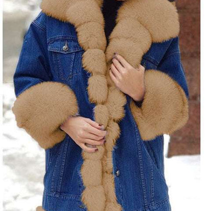 Ladies Fur One Denim Long Long Sleeve Coat - Royalessencelux