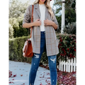 Ladies plaid printed open collar blazer jacket with classic check pattern in muted beige brown and gray tones
