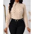 Beige ladies polka dot pleated high neck blouse with gold polka dots and long sleeves for elegant wear