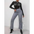 Black and white houndstooth patterned high waisted flared pants with side slits for ladies printed fashionable wear