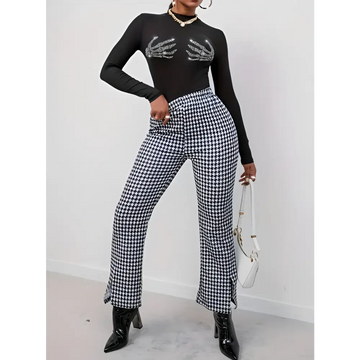 Black and white houndstooth patterned high waisted flared pants with side slits for ladies printed fashionable wear