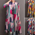 Ladies retro casual long-sleeved high waist tunic dress with bold geometric pattern in pink teal navy blue and magenta