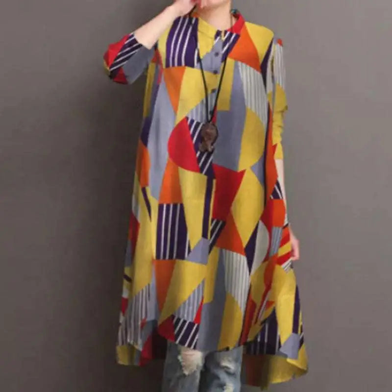 A ladies retro casual high waist tunic dress with vibrant yellow red purple and gray geometric pattern and relaxed fit