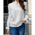 White ladies solid color blouse with lace collar ruffle cuffs and tie front neckline for elegant wear